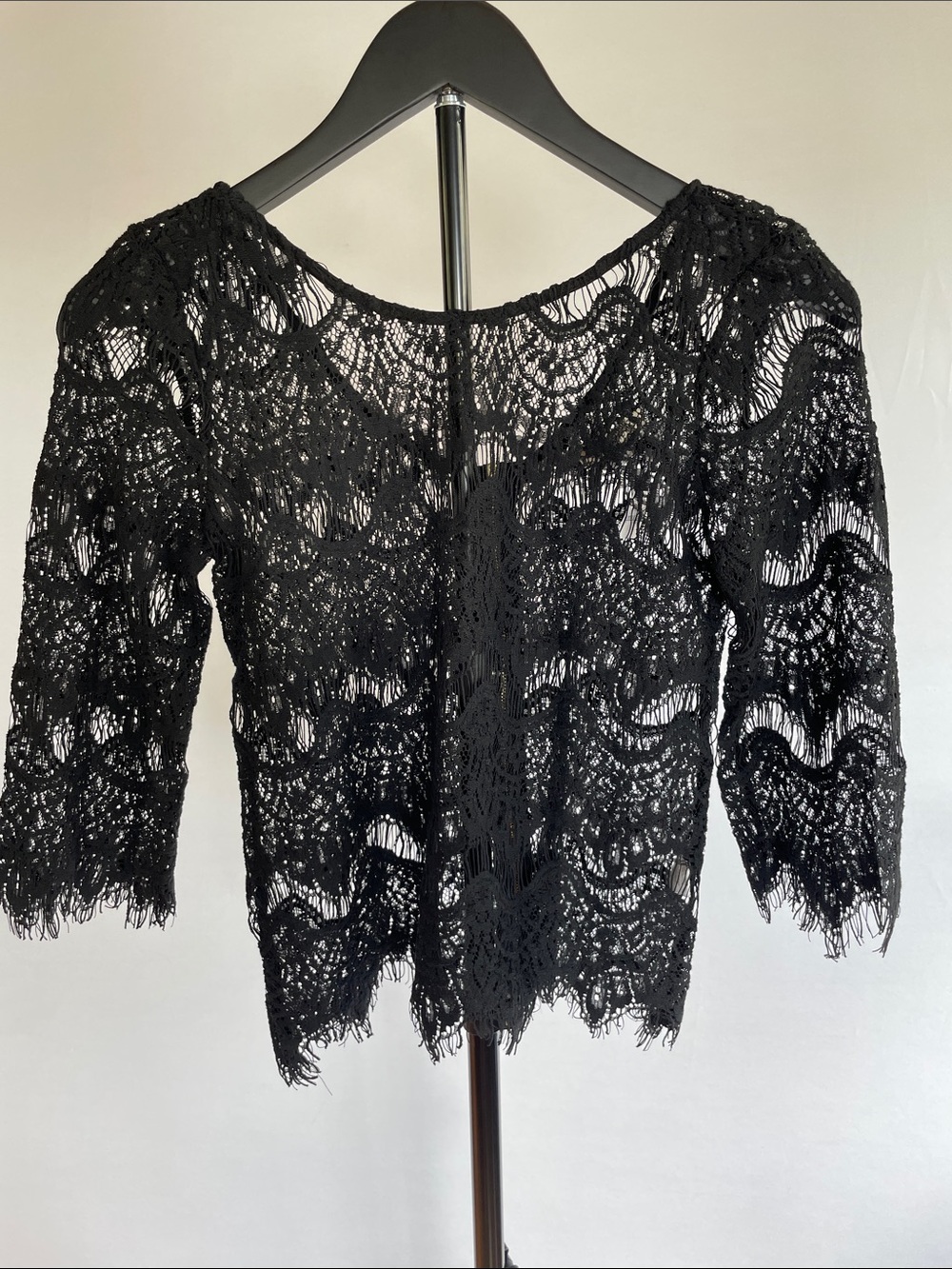 Ezra Apricot Lane Black Crochet Lace Top Boho 3/4 Sleeve NWT Small